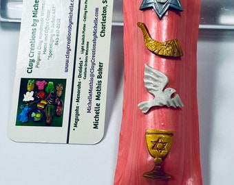 Symbolic Mezuzah Cover: Shofar / Dove / Kiddush - Sunset/Samon Color blend