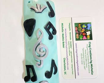 Music Notes Black and Silver on Aqua/Teal blue Polymer Clay Mezuzah Cover