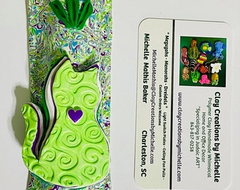 Cat Mint Green on a Green, Fuchsia, Turquoise, and Purple Polymer Clay Mezuzah Case