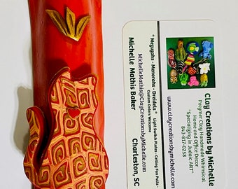 Cat Red, Gold, and Yellow on a Fire Red/Orange Polymer Clay Mezuzah Case