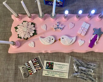Pink Board - Pink Birds,  Hearts, Flower, Ballet, Crown, and Princess Wand Menorah