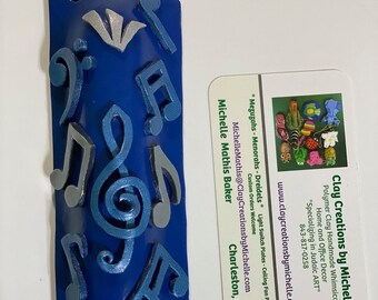 Music Notes Pearl Blue and Silver on a Dark Blue Polymer Clay Mezuzah Cover