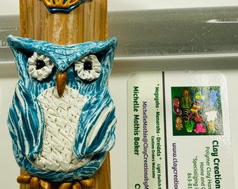 Owl Turquoise on Wood Colored Mezuzah Case