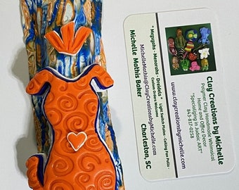 Dog Orange on Blue, Orange and White Retro Polymer Clay Mezuzah Case