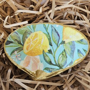 Decoupage Clam Shell - Ring Dish, Seashell, Trinket Dish, Jewelry Holder, Coastal Beach Decor, Handmade in Maine - Lemons & Flowers