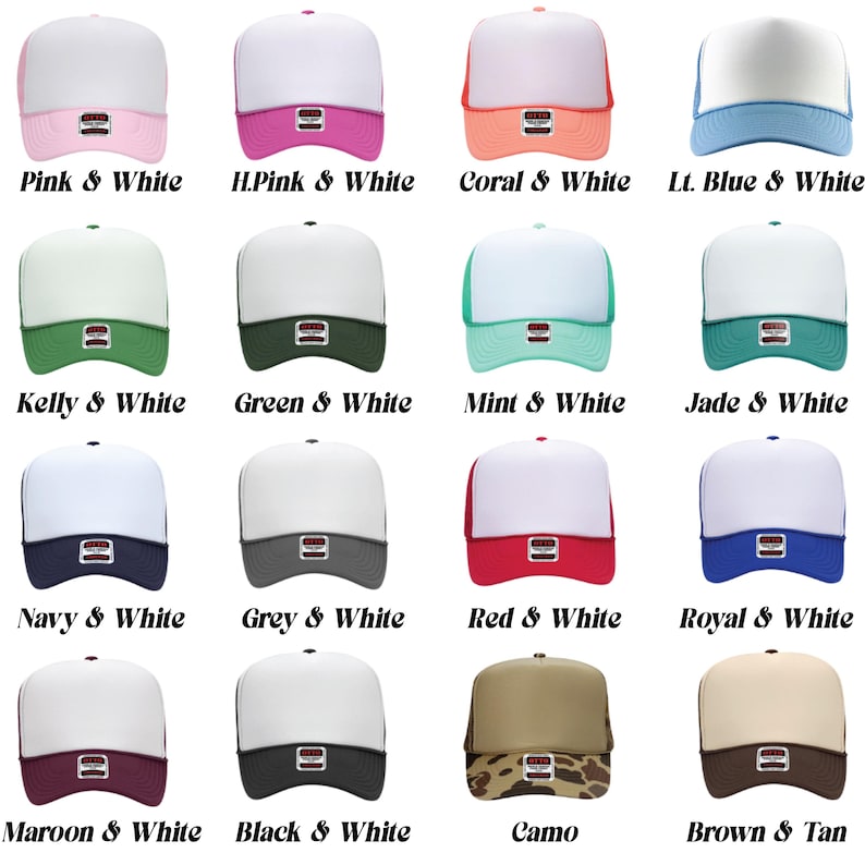 May include: A collection of 14 trucker hats with different color combinations. The hats are all white on top with a mesh back. The colors include pink, coral, light blue, kelly green, green, mint, jade, navy, grey, red, royal blue, maroon, black, camo, and brown.