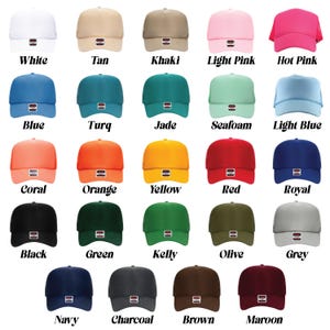 May include: A collection of 24 trucker hats in various colors, including white, tan, khaki, light pink, hot pink, blue, turquoise, jade, seafoam, light blue, coral, orange, yellow, red, royal, black, green, kelly, olive, grey, navy, charcoal, brown, and maroon.