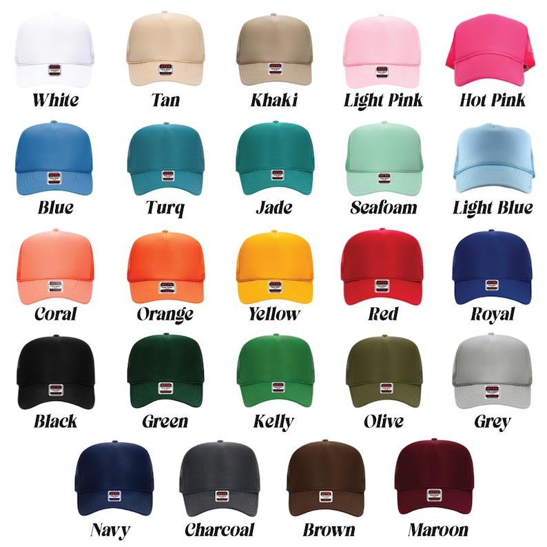 May include: A collection of 24 trucker hats in various colors, including white, tan, khaki, light pink, hot pink, blue, turquoise, jade, seafoam, light blue, coral, orange, yellow, red, royal, black, green, kelly, olive, grey, navy, charcoal, brown, and maroon.