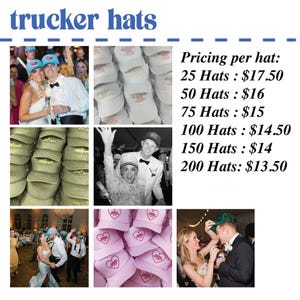 May include: A collage of photos showing different styles of trucker hats with various logos and designs. The photos are arranged in a grid with text below showing pricing for bulk orders of hats.