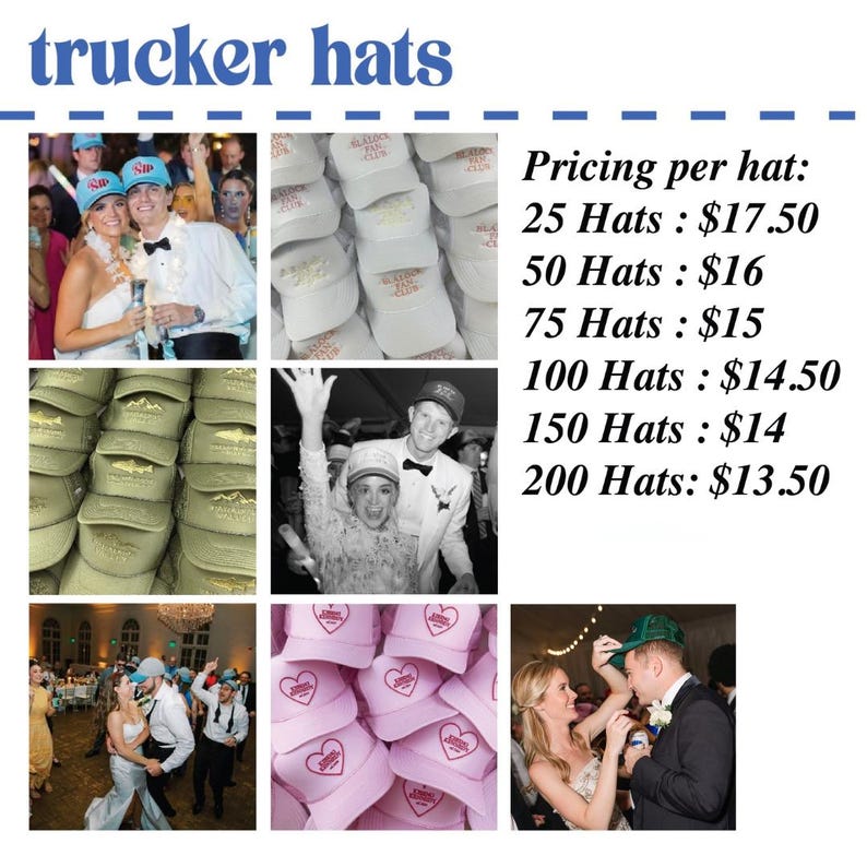 May include: A collage of photos showing different styles of trucker hats with various logos and designs. The photos are arranged in a grid with text below showing pricing for bulk orders of hats.