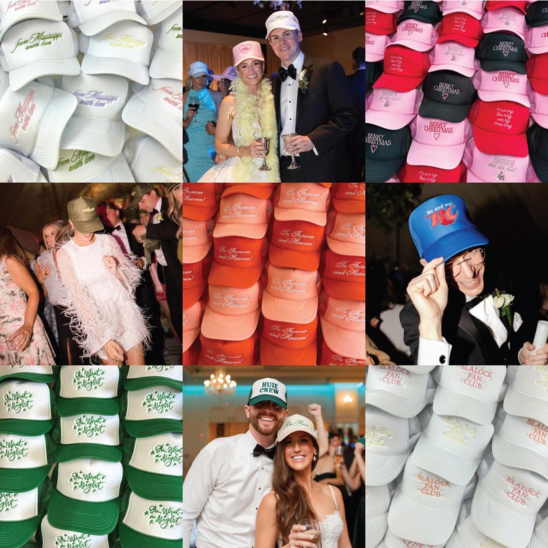 May include: A collage of nine images featuring various personalized hats. The hats are in different colors and styles, with embroidered text such as "The Future is Now", "What a Night", "Hue Crew", "Black Fan Club", and "Merry Christmas".
