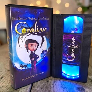 Button eyes VHS LED lamp - Coralin inspired handmade movie decor light