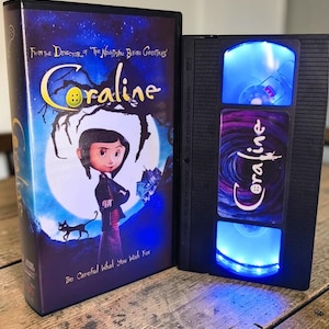 Button eyes VHS LED lamp - Coralin inspired handmade movie decor light