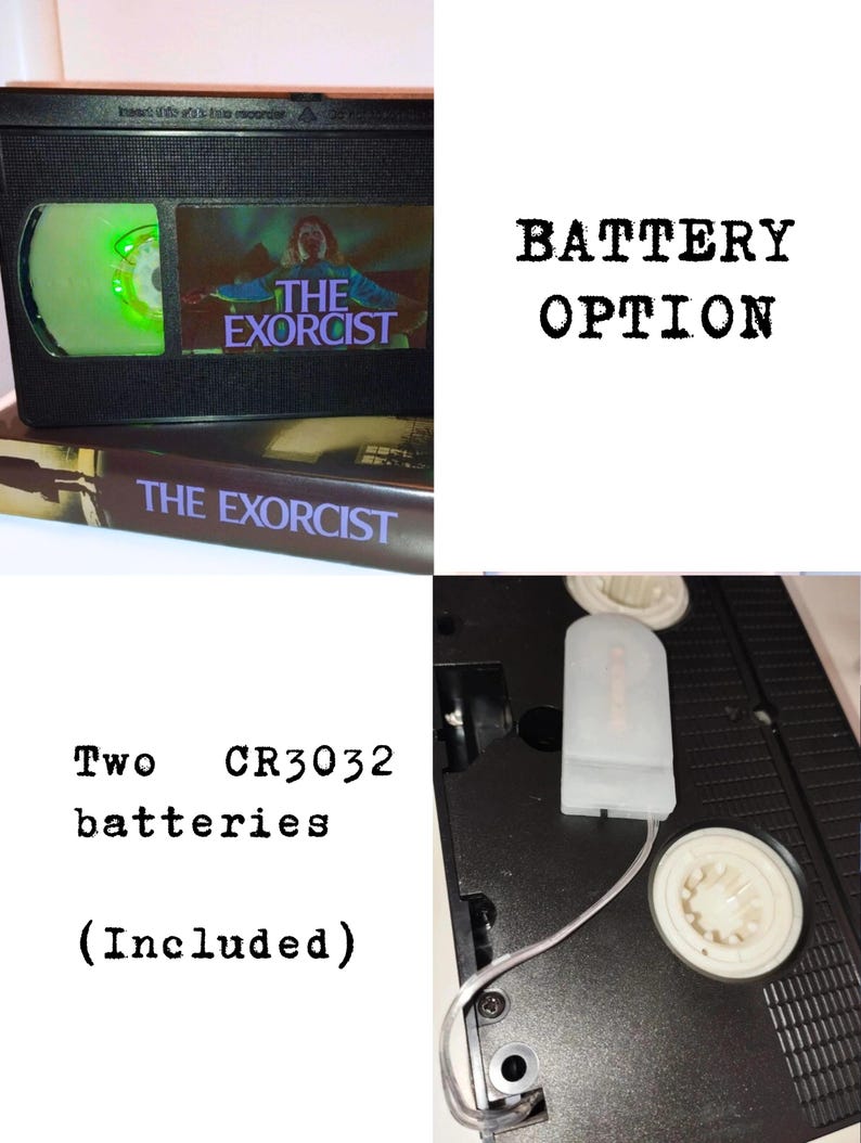 May include: A black VHS tape of "The Exorcist" movie. The tape has a green reel and a label with the movie title and imagery. The text "BATTERY OPTION" is displayed. Two CR3032 batteries are included.