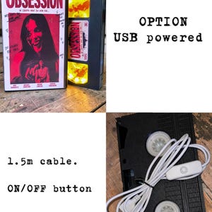 May include: A black VHS tape case for the film Obsession with a red and black cover. Next to it is a black VHS tape modified with internal yellow lights. The back of the tape features a white 1.5m USB cable with an on/off button and two circular white components.
