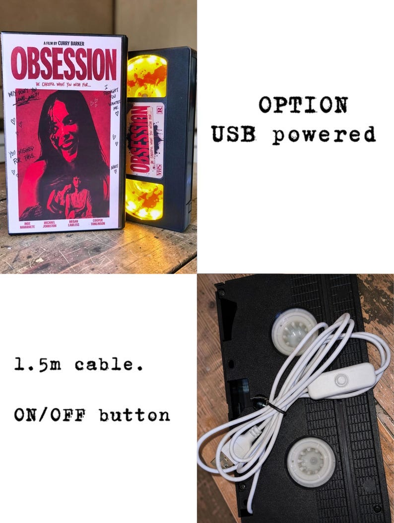 May include: A black VHS tape case for the film Obsession with a red and black cover. Next to it is a black VHS tape modified with internal yellow lights. The back of the tape features a white 1.5m USB cable with an on/off button and two circular white components.