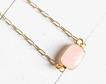 Rose quartz rectangle stone, gold paperclip chain necklace