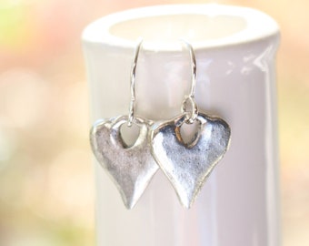 Rustic antique silver heart charm earrings