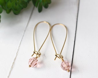 Long oval gold hoop earrings with pink crystals, gold kidney wire earrings with pink crystals