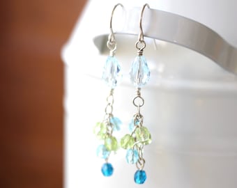 Aqua and green crystals sterling silver earrings