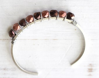 Bronze and copper beaded silver cuff bracelet