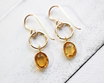 Yellow quartz drop and gold hoop earrings