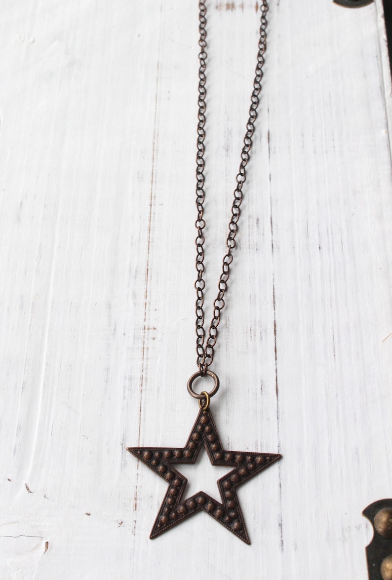 long necklace Christmas necklace Bronze star necklace antique brass star necklace holiday necklace