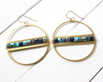 All in a Row hoops, blue and gold hoop earrings