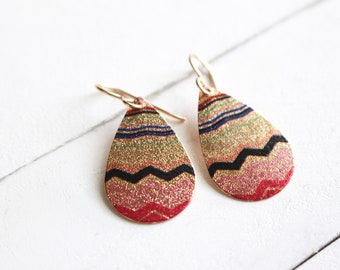 Pink and gold lightweight earrings with striped design, Pink and gold teardrop earrings