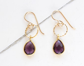 Purple quartz teardrop hoop gold earrings