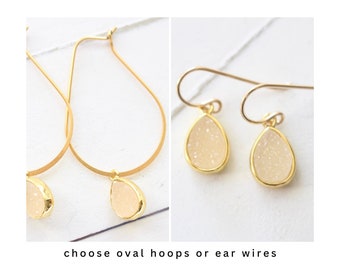 Gold druzy teardrop charm on gold oval hoops or gold filled ear wires