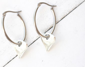 Rustic antique silver heart charm medium hoop earrings