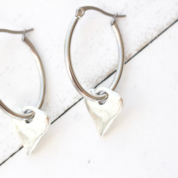 Rustic antique silver heart charm medium hoop earrings