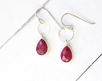 Ruby teardrop hoop silver earrings