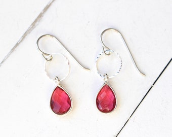 Pink tourmaline teardrop hoop silver earrings