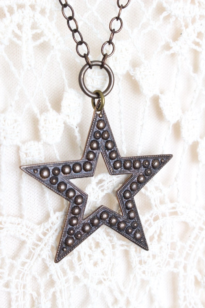 long necklace Christmas necklace Bronze star necklace antique brass star necklace holiday necklace