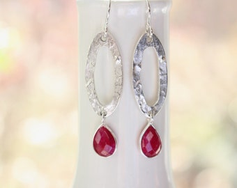 Ruby teardrop oval hoop silver earrings