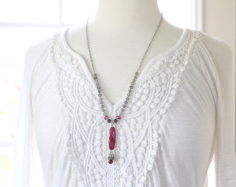 Long ruby and labradorite silver necklace, Silver and labradorite necklace with ruby pendant