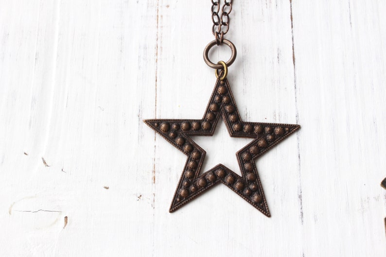 long necklace Christmas necklace Bronze star necklace antique brass star necklace holiday necklace