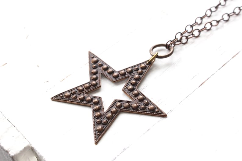 long necklace Christmas necklace Bronze star necklace antique brass star necklace holiday necklace