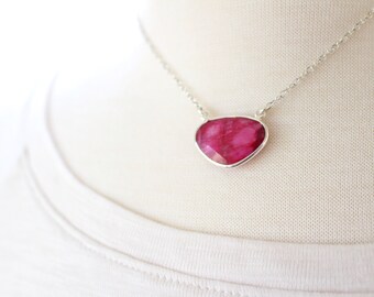 Ruby freeform oval pendant silver necklace