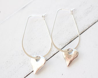 Rustic antique silver heart charm long hoop earrings