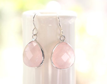 Rose quartz teardrop silver earrings