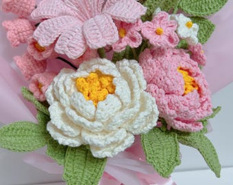 Personalized Crochet Peony, Rose, Daisy Flowers and Bouquets, Handcrafted Gifts for Teacher, Mom, Grandma, Girlfriend , Ideal for Home Decor