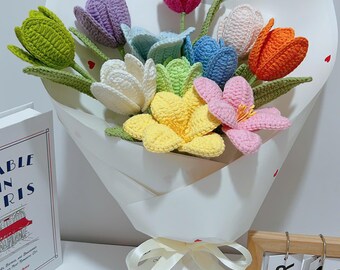 Personalized Crochet Tulip Flowers and Bouquets, Handcrafted Gifts for Teacher, Mom, Grandma, Girlfriend , Ideal for Home Decor