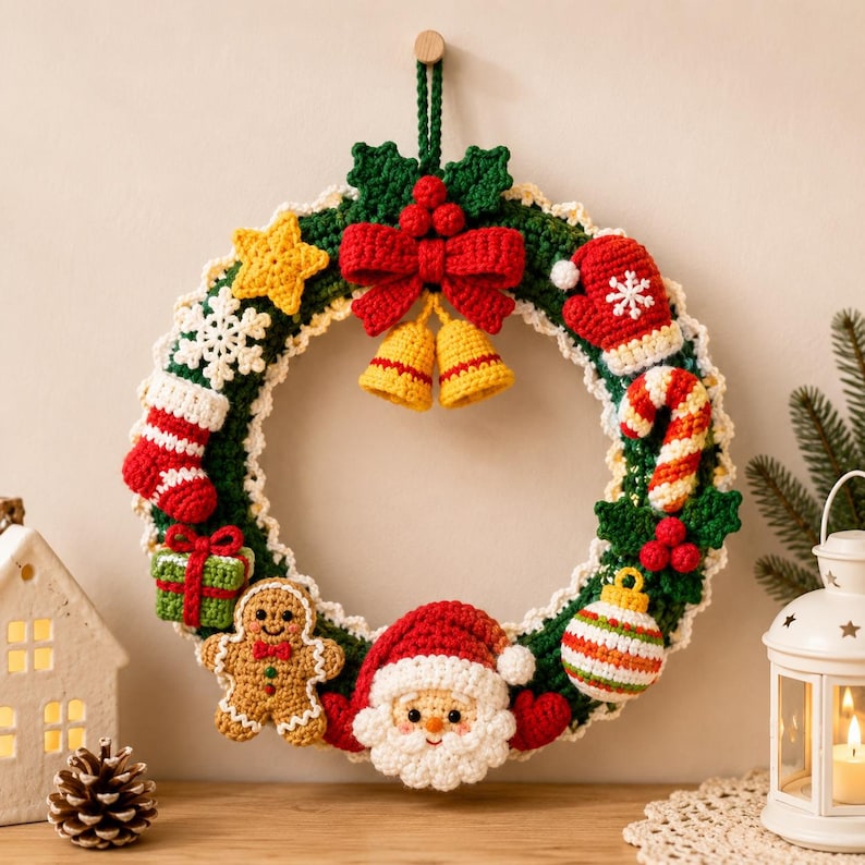 Puede incluir: Una corona navide&ntilde;a circular de ganchillo con una base verde oscuro y un borde festoneado blanco. Las decoraciones incluyen un lazo rojo, campanas amarillas, una estrella amarilla, un copo de nieve blanco, un calcet&iacute;n rojo y blanco, un regalo, un hombre de jengibre, Santa Claus y un bast&oacute;n de caramelo.