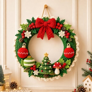 Puede incluir: Una corona navide&ntilde;a de ganchillo redonda con un gran lazo rojo en la parte superior, follaje verde, bayas rojas, copos de nieve blancos, dos adornos rojos, un adorno a rayas verdes y blancas, un peque&ntilde;o &aacute;rbol de Navidad y un hongo rojo.