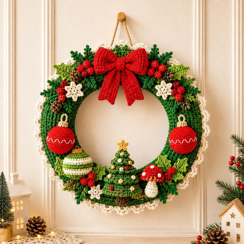 Puede incluir: Una corona navide&ntilde;a de ganchillo redonda con un gran lazo rojo en la parte superior, follaje verde, bayas rojas, copos de nieve blancos, dos adornos rojos, un adorno a rayas verdes y blancas, un peque&ntilde;o &aacute;rbol de Navidad y un hongo rojo.