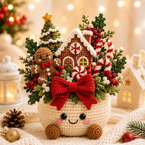 May include: A crochet Christmas arrangement featuring a smiling cream-colored pot, a gingerbread person, a gingerbread house, a green Christmas tree with a yellow star, red berries, candy canes, and a large red bow, all crafted from yarn.