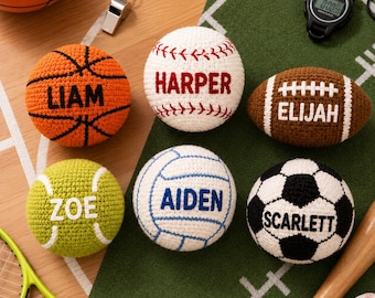 Balón deportivo de ganchillo personalizado, pelota estilo Hacky Sack con nombre hecho a mano personalizado, regalo hecho a mano para baloncesto, béisbol y fútbol americano al aire libre.